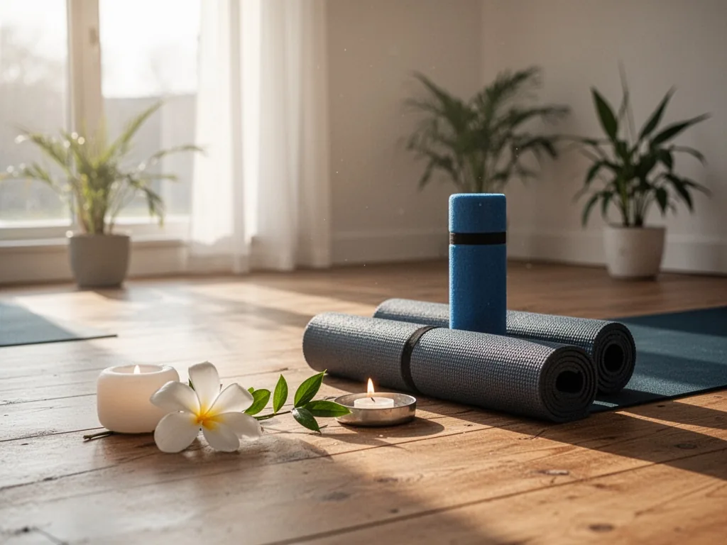 Une salle de Bikram yoga avec des pratiquants alignés sur leur tapis, éclairés par une lumière tamisée et enveloppés de
