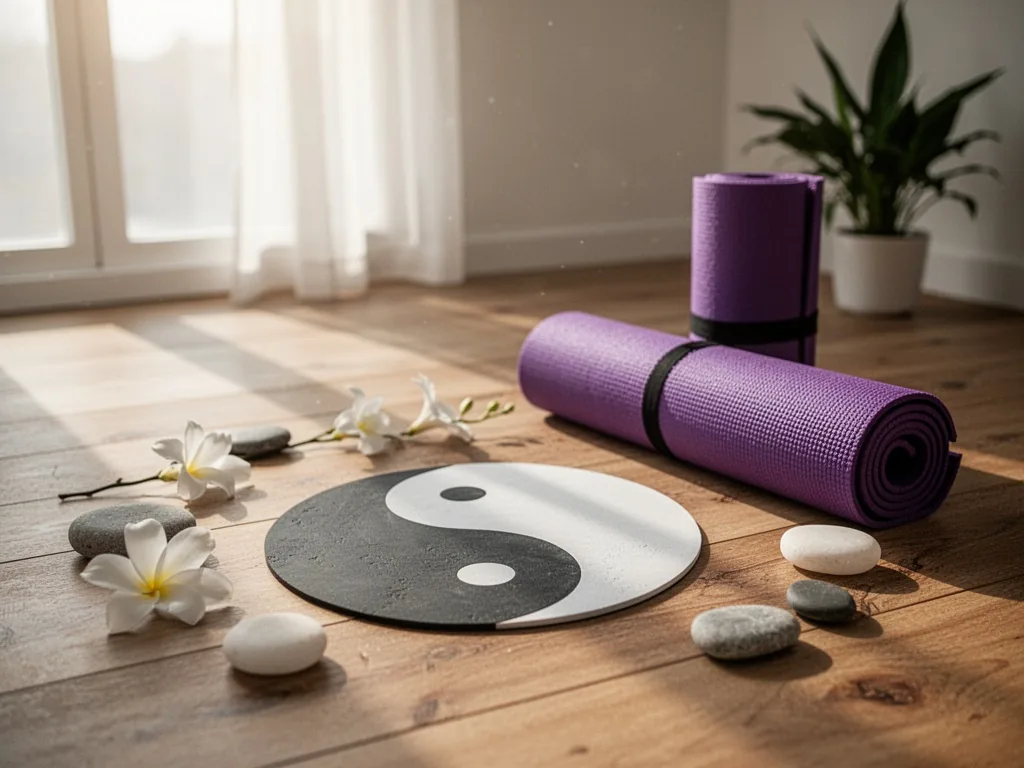 Symbole du yin et yang en noir et blanc avec un léger dégradé, posé sur un fond de bois clair évoquant un intérieur de