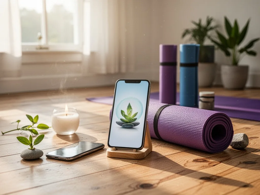 Une main tenant un téléphone avec une application de méditation ouverte, posé sur une table en bois à côté d'une tasse
