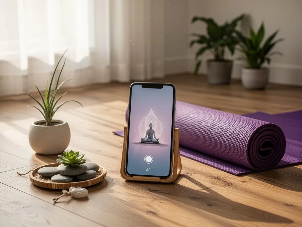 Une main posée sur un smartphone affichant une application de méditation, posé sur un coussin de yoga dans une pièce calme