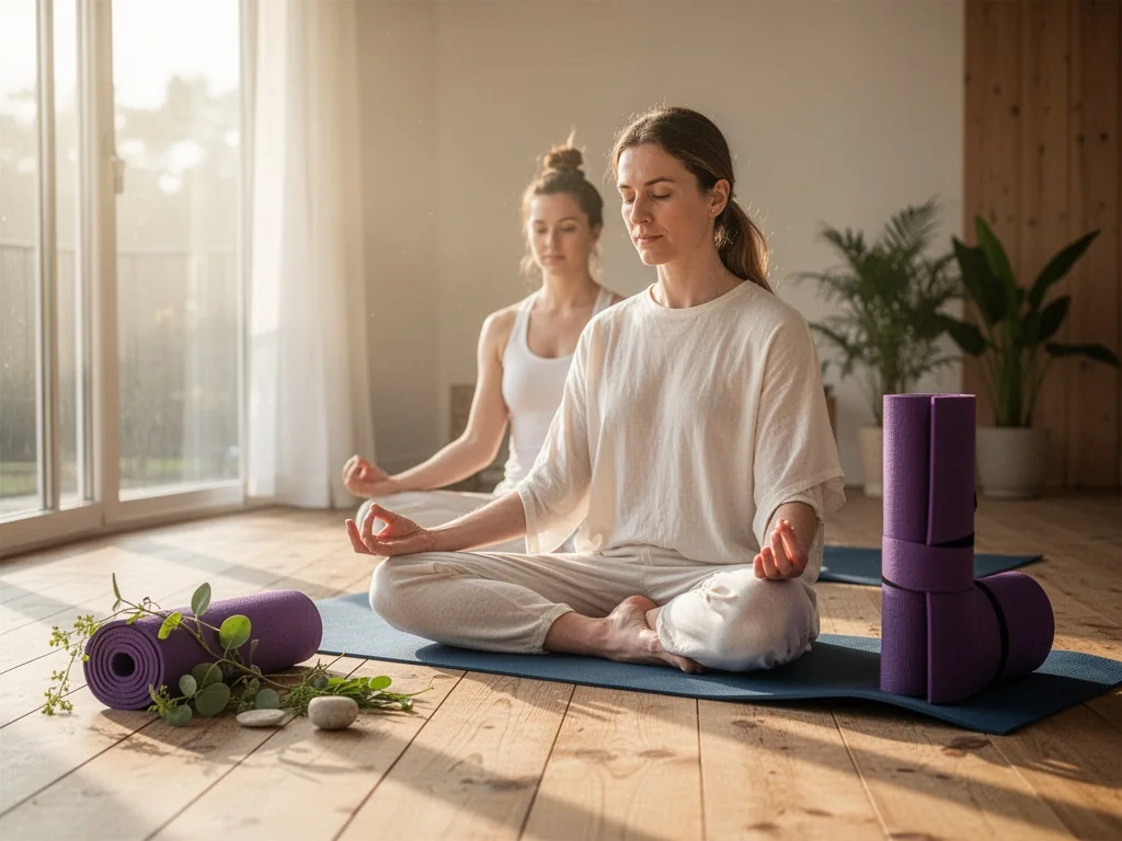 Une personne assise en tailleur dans une pièce calme, les yeux fermés, un casque sur les oreilles et les mains reposant sur