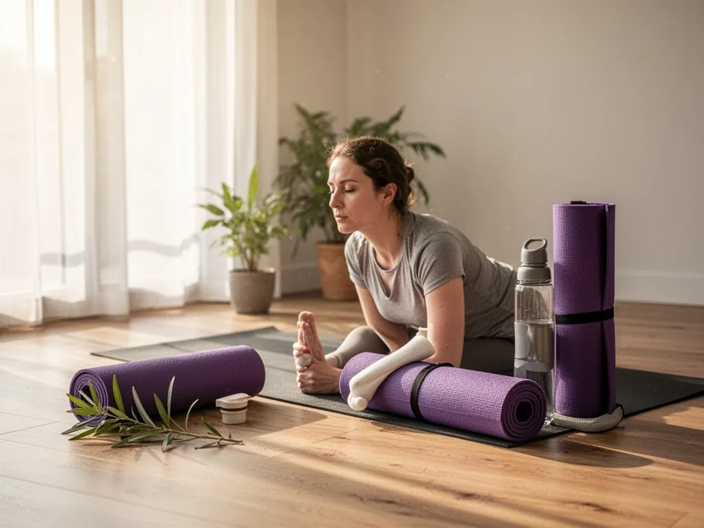 Personne assise en tailleur, yeux fermés, les mains posées sur les genoux, pratiquant la respiration carrée dans un