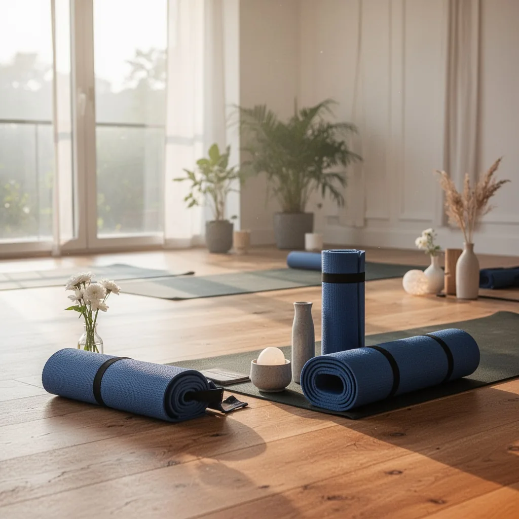 Deux personnes pratiquant le yoga sur des tapis dans une salle lumineuse, l'une en posture du chien tête en bas, l'autre en